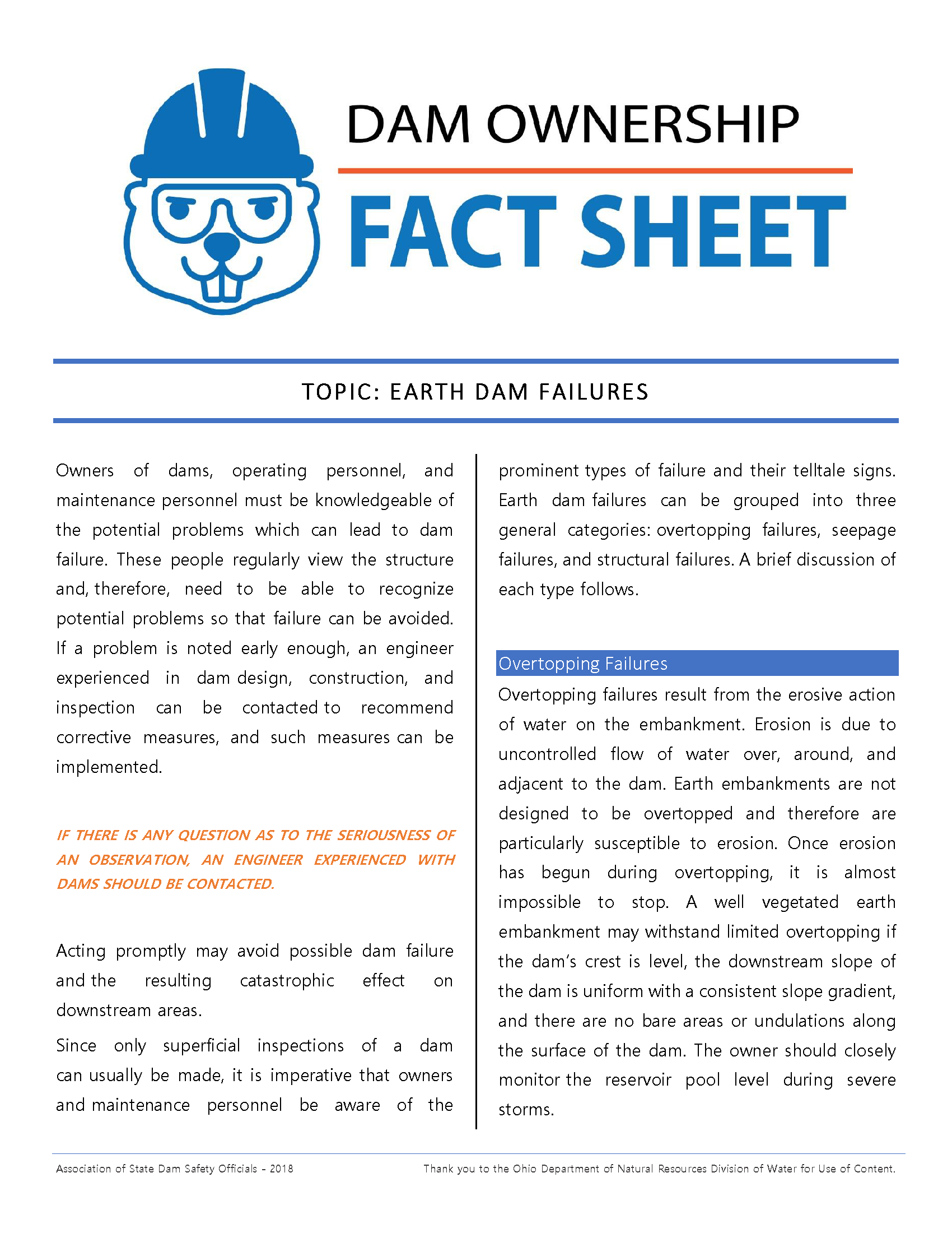 Earth Dam Failures Association of State Dam Safety